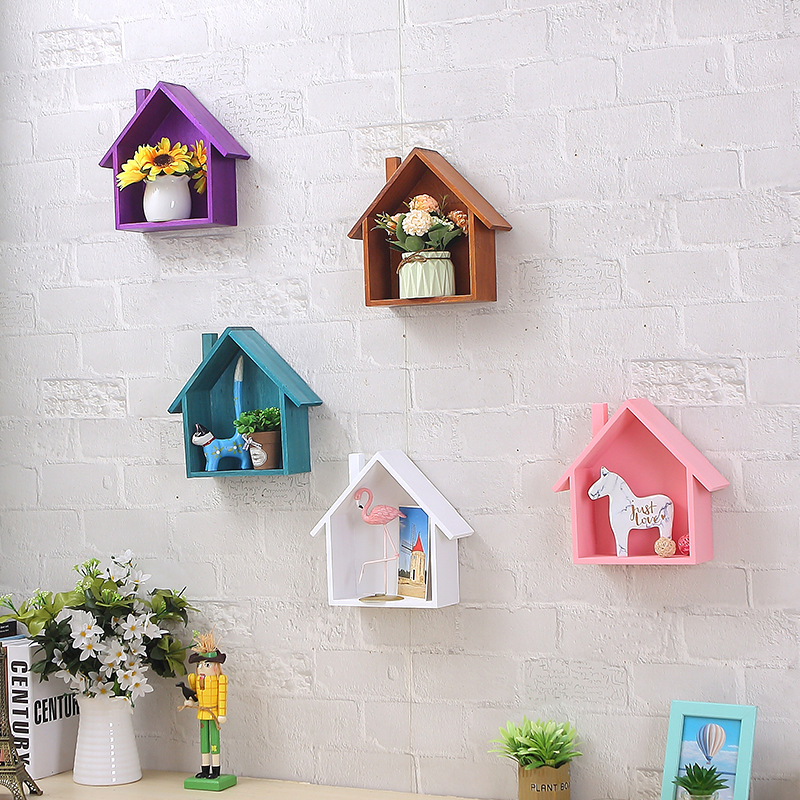 Solid Wood Wall Cute Small House Storage Rack Children's Room Kindergarten Restaurant Wood Storage Decorative Shelf Partition