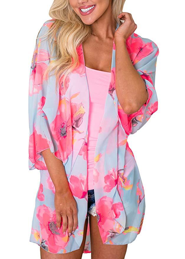 ins Amazon Explosions New Flower European and American Chiffon Sunscreen Cardigan Sexy Bikini Beach Blouse Kimono
