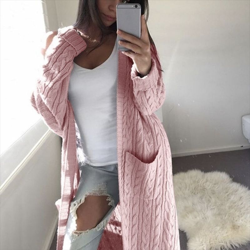 Popular Autumn and Winter Women's Outer Wear Amazon Knitted Sweater European and American Style Long Double Pocket Twist Women's Cardigan Sweater