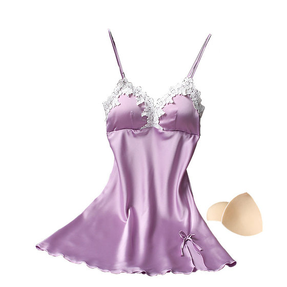 New Style Summer Silk Women's Sling Pajamas with Chest Pad Slim-fit Sexy Charming Silk Nightdress V-neck Base Skirt