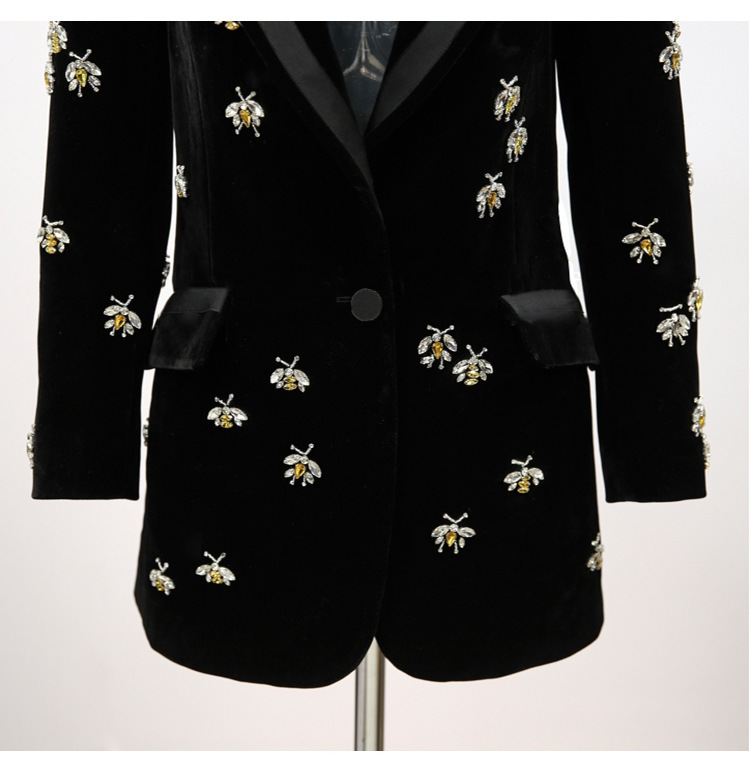 Spot 2024 spring and autumn new fashion velvet fabric bee beaded heavy industry long suit jacket women_voghion.com