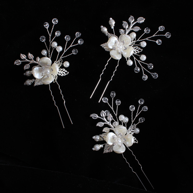 Korean style bridal headdress Pearl Flower leaf hair fork wedding accessories handmade hairpin U-shaped clip