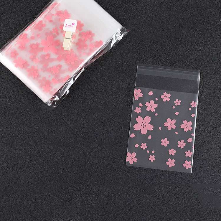 Factory direct baking packaging frosted translucent self-sealing bag pink cherry blossom wedding candy packaging 100/piece