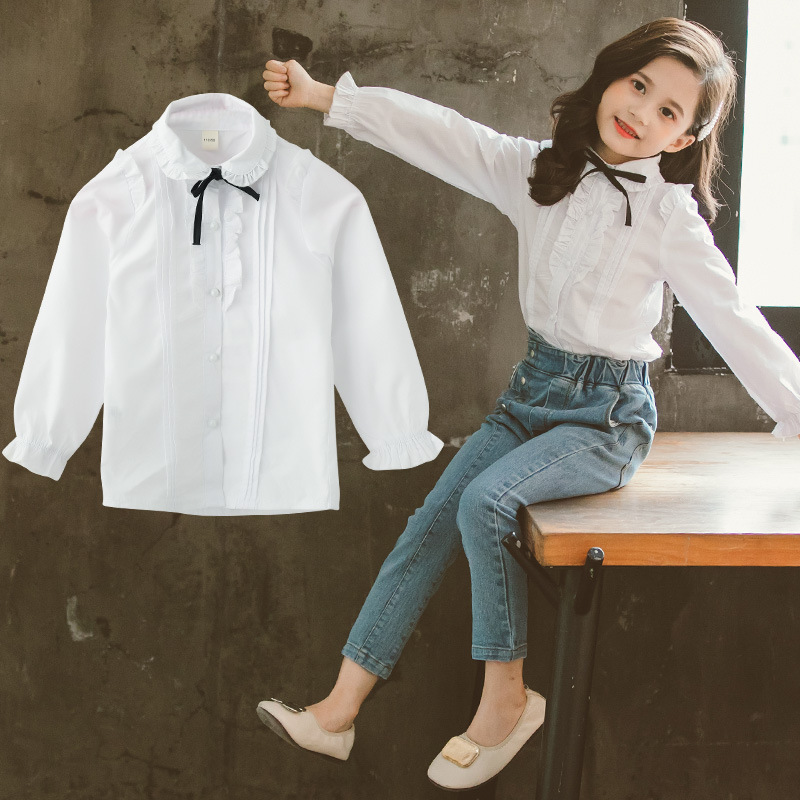 Ladies' Long Sleeve Butterfly Knot Shirt 2024 Spring New Korean Style Lotus Edge Blouse for Middle Children with Lace Top