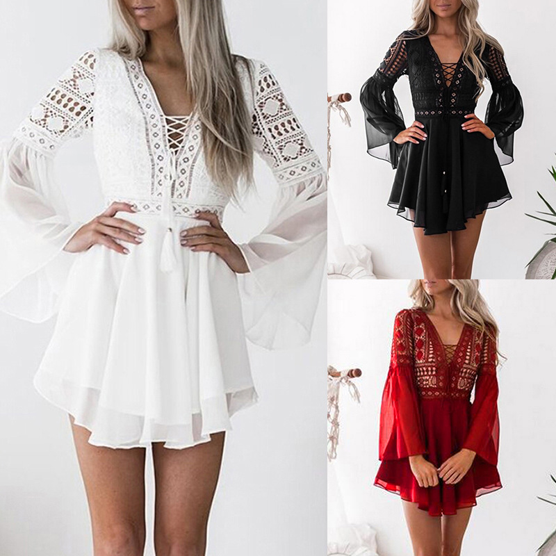 2023 Summer Amazon Water Soluble Lace Crochet Hollow V-Neck Strap Trumpet Long Sleeve Chiffon Dress