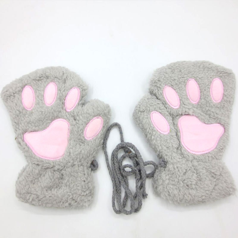 Winter Half-Finger Gloves Female Cat Cartoon Bear Paw Student Exposure Cat Claw Thickened Fluff Neck Warm Gloves