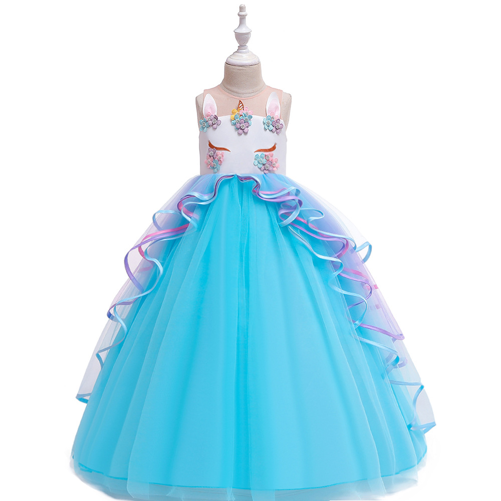 2024 Long Colorful Net Yarn Cake Puff Skirt Unicorn Princess Dress Holiday Performance Gown For Children Age 3-12