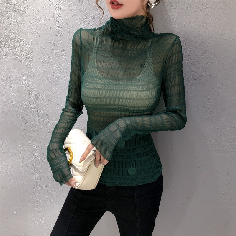 Gentle Style Thin Pleated Mesh Autumn and Winter New Style Lace Base Shirt Bubble High Neck Lace Top
