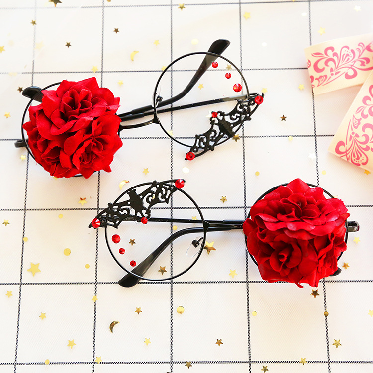 Vintage Punk Lolita Bat Rose Glasses Frame Dark Steam Gothic Animation Around