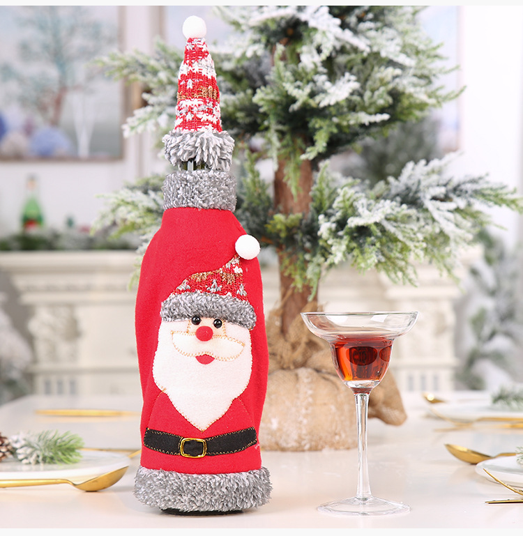 Haube Jul grå flanellsliplock rödvinsflaskset rödvinspåse champagnedekoration_voghion.com