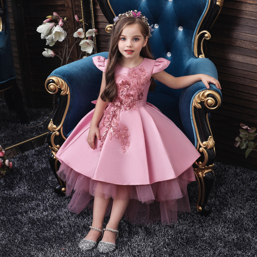 Baihui children's wedding dress puffy yarn flower children's piano costume trailing girl's dress host catwalk princess dress