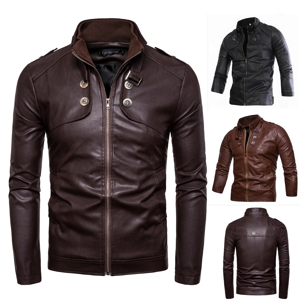 Foreign Trade Amazon E-Commerce New Men's Button Decorative Motorcycle PU Leather Casual Men's Leather Jacket Coat