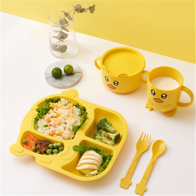 小黄鸭碗杯勺叉5件套餐具儿童可爱分格卡通造型餐盘幼儿园午餐盘