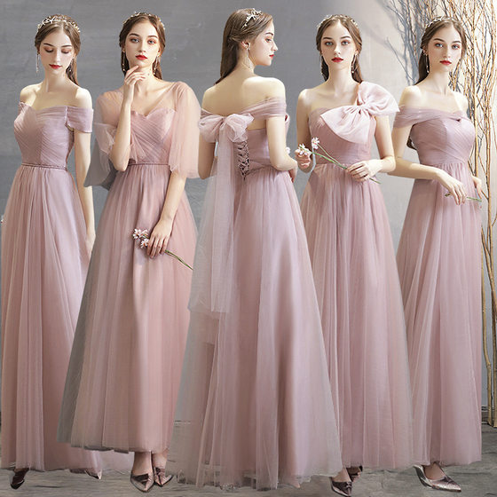 2024 New Bridesmaid Dress Women's Spring Korean Style Pink Off-shoulder Sister Group Fairy Elegant Banquet Slimming Evening Dress