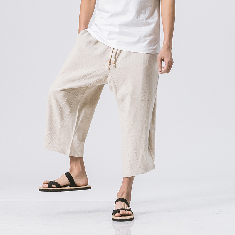 Summer New Chinese Style Large Size Harem Pants Men's Fashion Linen Men's Capri Pants Trendy Loose Cotton and Linen Men's Pants