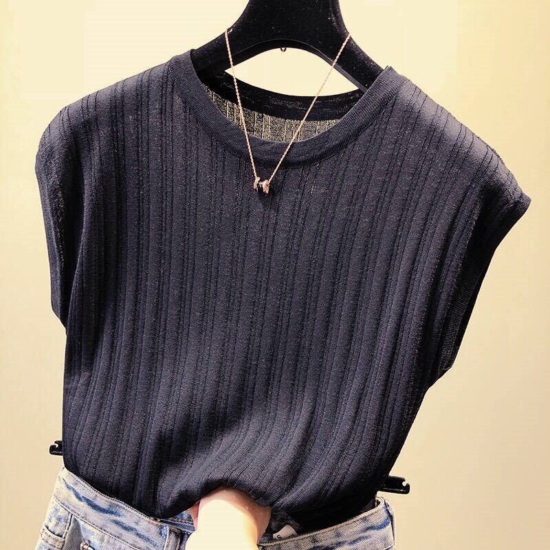 2023 Summer New Korean Style Loose Slimming Solid Color Short-sleeved T-shirt Women's Large Size Knitted Top Base Shirt for Women
