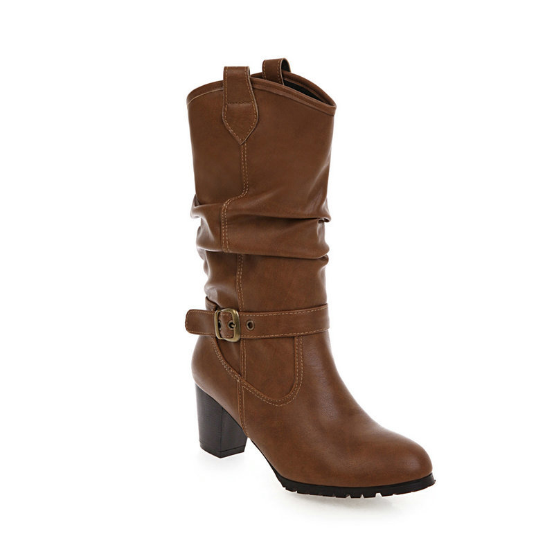 wish AliExpress Autumn and Winter New Round Toe High Heel Women's Shoes Middle Boots Belt Buckle Foreign Trade Middle Boots Women's Shoes