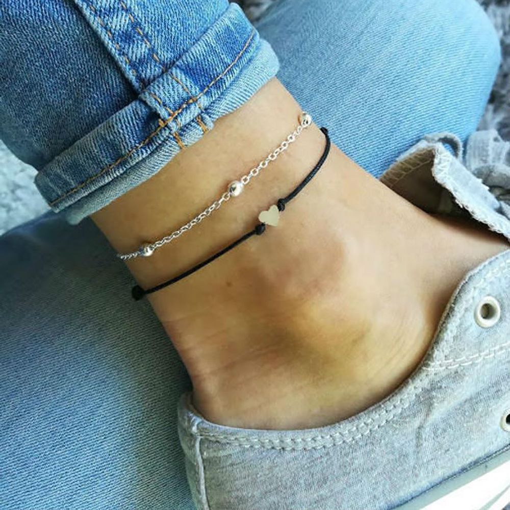 European and American cross-border accessories double-layer love leather rope anklet female creative beach personality all-match foot jewelry