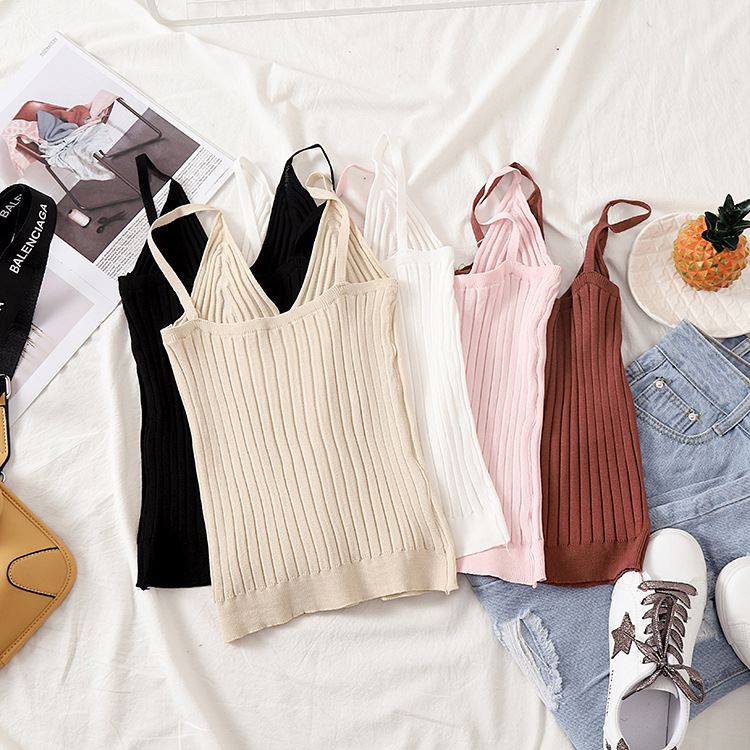 2023 Summer New Korean Style Sexy Spice Girl Tight Knitted Camisole Women's Outer Wear Base Shirt Top