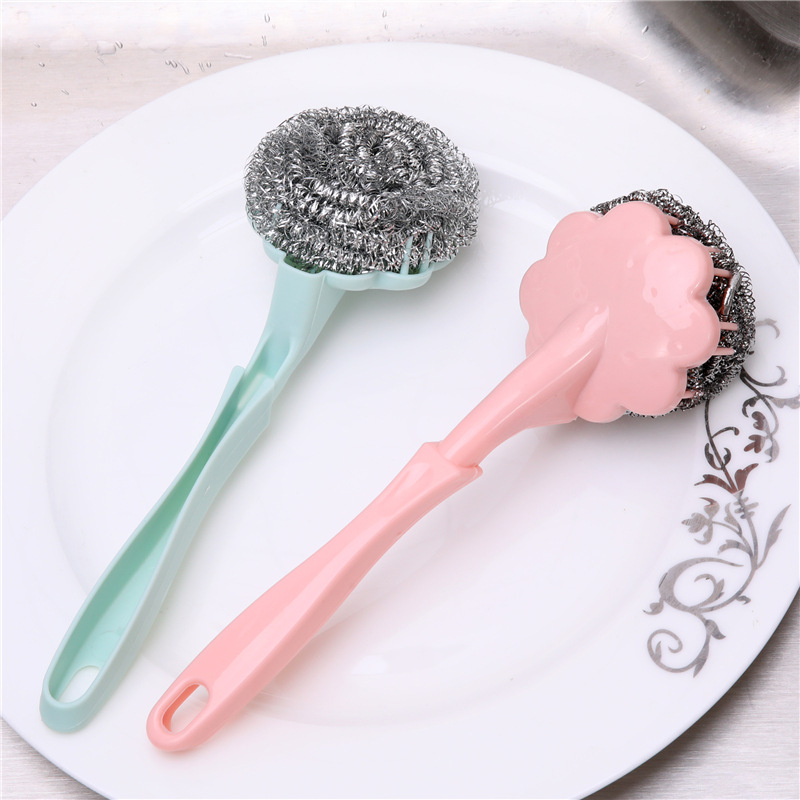 Kitchen stainless steel plum blossom cleaning ball brush steel ball with handle brush long handle steel ball brush bowl washing pot brush