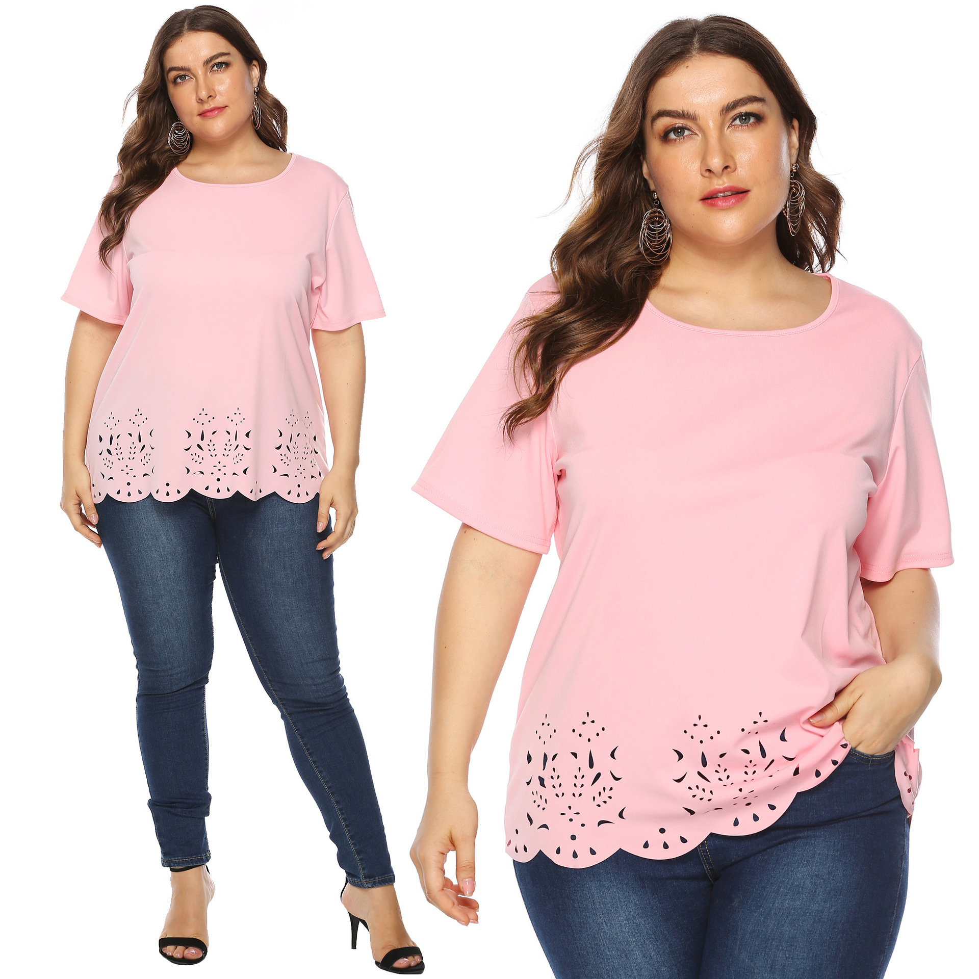 Cross-border plus size women's solid color burnt flower hollow wave edge simple casual round neck short sleeve T-shirt top for women 10019