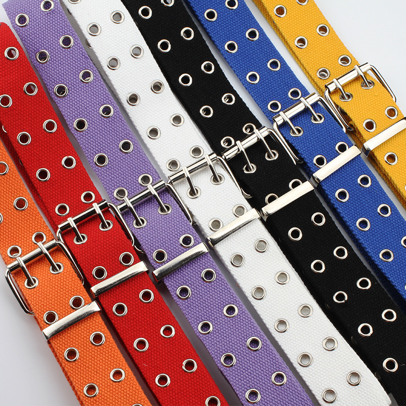 Trendy street photography fashion double rows are all hole canvas belt extended chic hollow jeans with spot wholesale