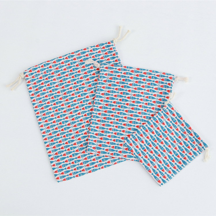 Storage Bag Coin Bag Bag Travel Bag Cotton and Linen Drawstring Bag Tea Japanese Style and Wind Blue Fish