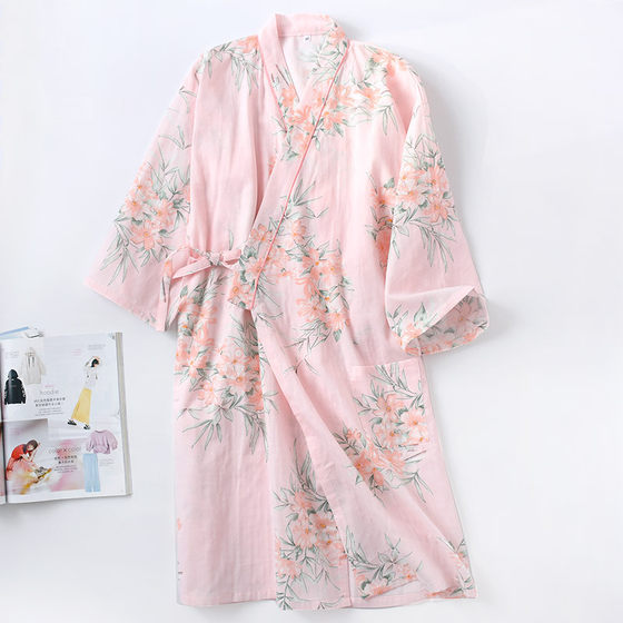 Spring and Summer Gauze Pure Cotton Kimono Bathrobe Nightgown Women's Japanese Style Long Nightgown Floral Lace-up Pajamas Sweatshirt
