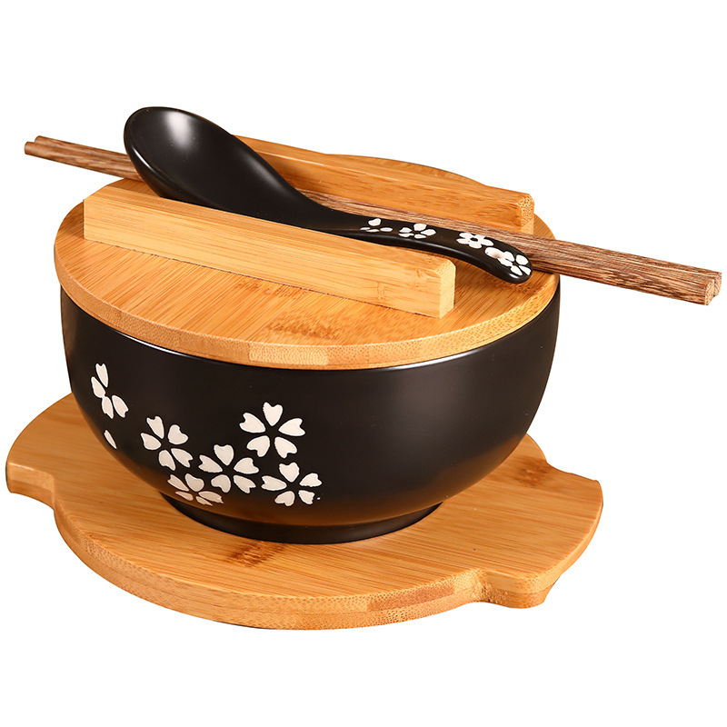 黒い陶磁器の碗は蓋とスプーンの泡の碗の韓国式のスープの碗のご飯の碗の学生の食堂のレストランの日本料理の食器を持っています。|undefined
