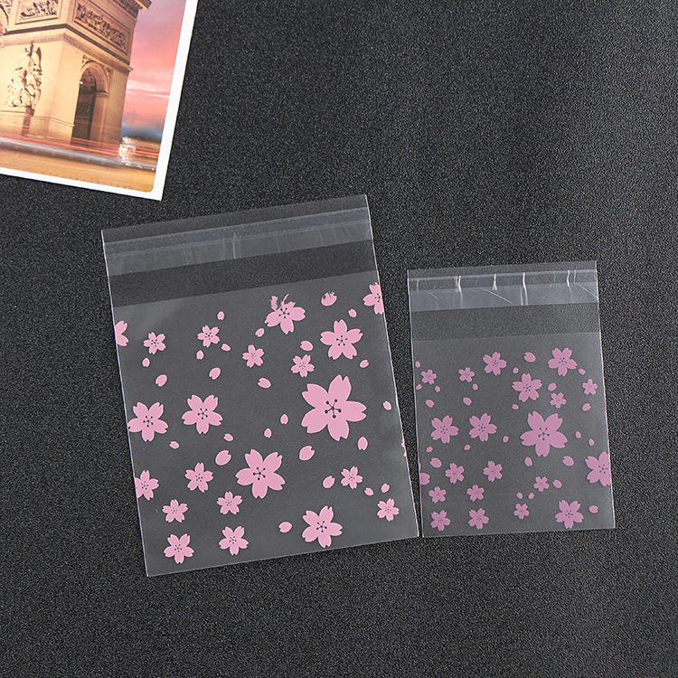 Factory direct baking packaging frosted translucent self-sealing bag pink cherry blossom wedding candy packaging 100/piece