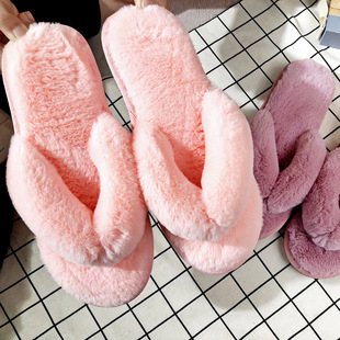 2024 new autumn and winter home flip-flops cotton slippers female rabbit plush non-slip home flip flops shoes factory wholesale