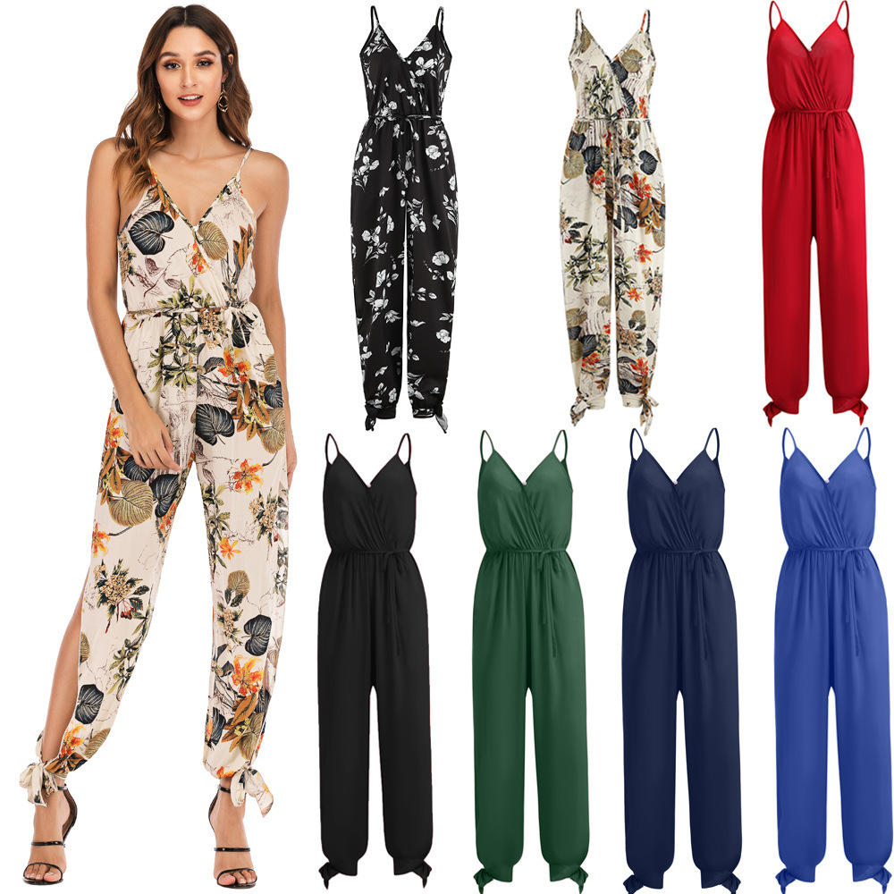 Cross-border 2019 spring and summer sexy backless tether deep V-neck suspenders long jumpsuits in large quantities in stock