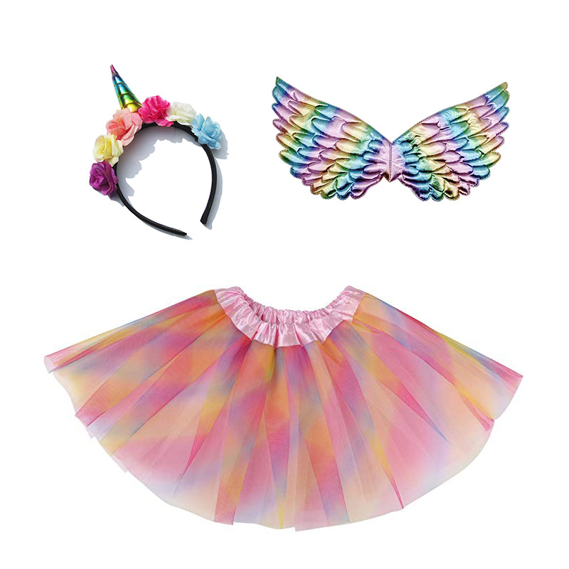 Unicorn headband wings princess dress suit children's Christmas birthday party headwear angel wings skirt