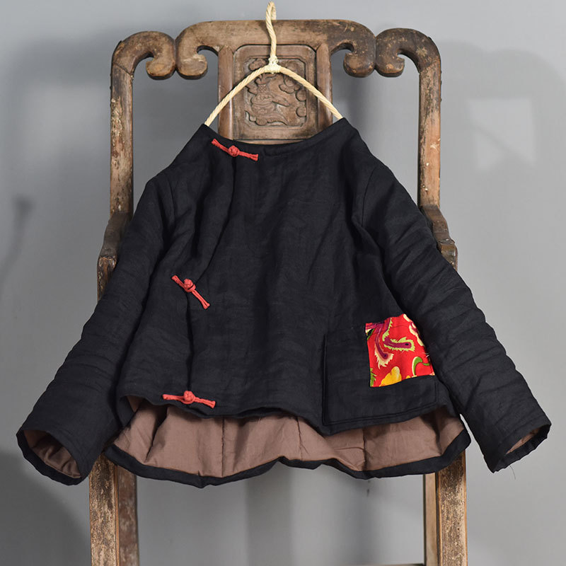 Liangchen/cotton ramie hand-made buckle cotton-padded jacket original retro biased cotton-padded jacket ultra short loose pure linen coat winter