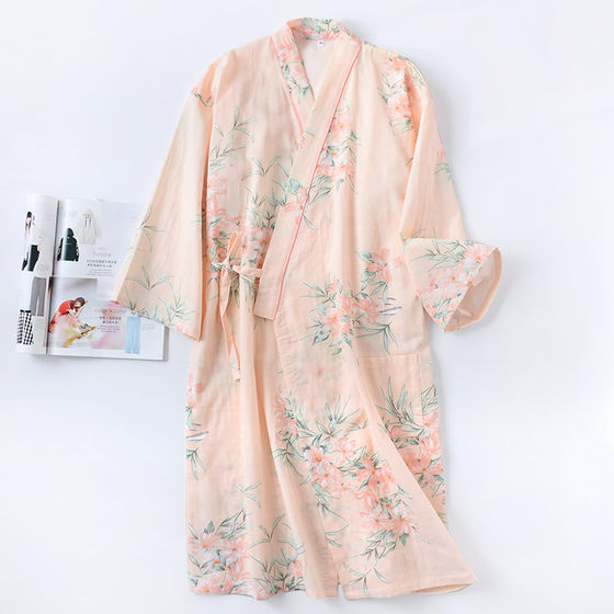 Spring and Summer Gauze Pure Cotton Kimono Bathrobe Nightgown Women's Japanese Style Long Nightgown Floral Lace-up Pajamas Sweatshirt