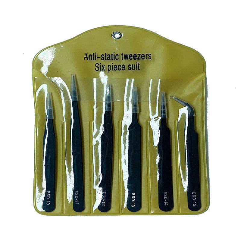 6-piece stainless steel tweezers 1.5MM thickness black pointed elbow disassembly tool yellow PVC bag