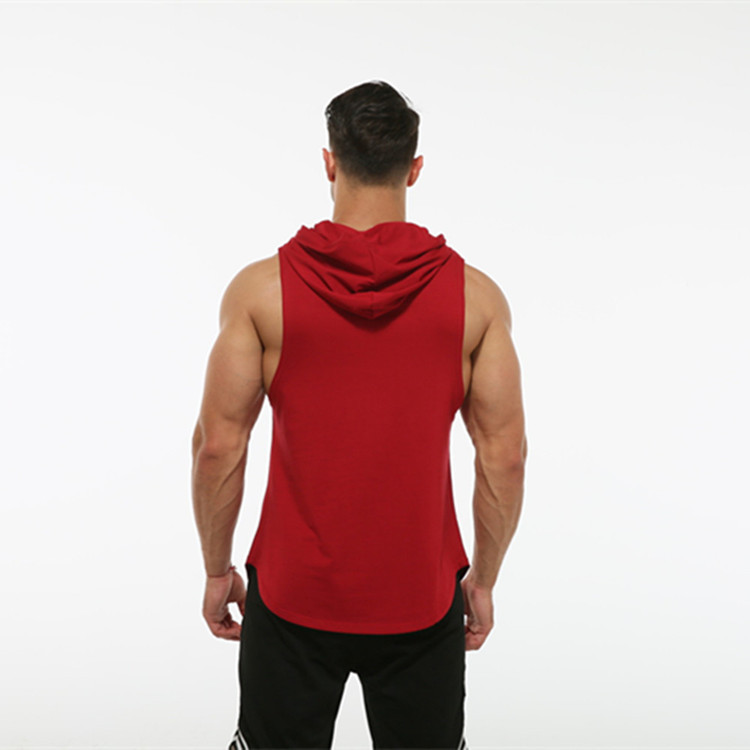 European and American Men's Fitness Sports hooded vest summer hooded curved hem elastic sweat-absorbent wolf head printed vest