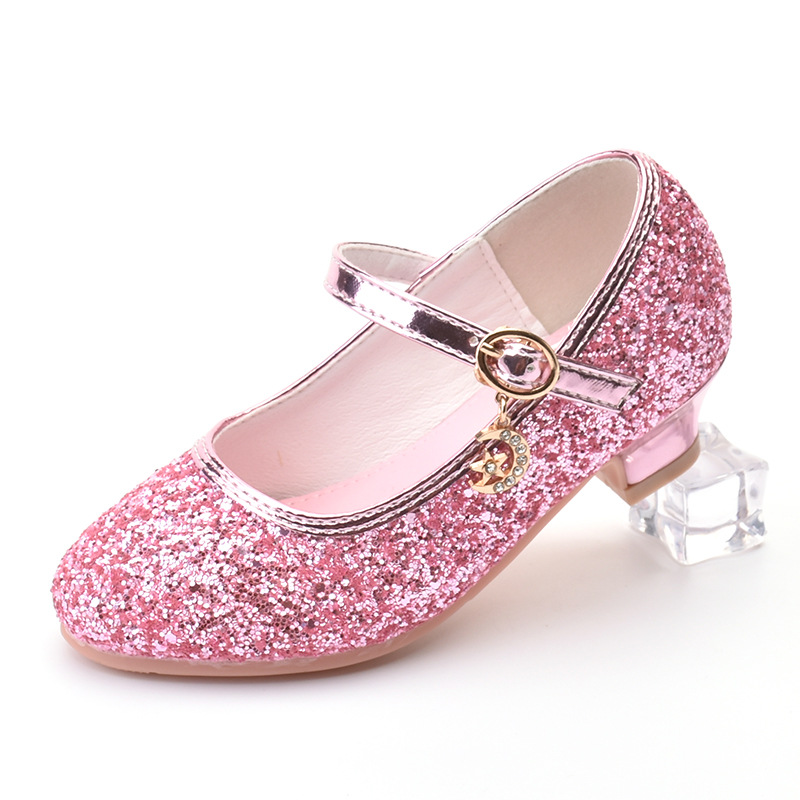 童鞋女童皮鞋小女孩单鞋子银色高跟礼服走秀儿童表演出公主水晶鞋