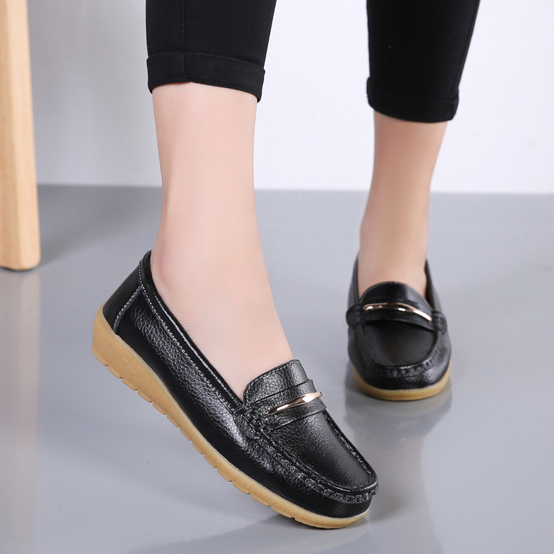 2023 New Cross-border Two-layer Cowhide Middle-aged and Elderly Mother Shoes Women's Single Shoes Bean Shoes Genuine Leather Soft Bottom Wedge Nurse