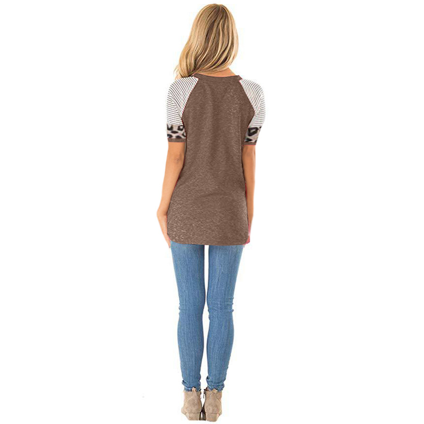 Cross-border European and American women's clothing Amazon popular summer round neck striped leopard print stitching casual short-sleeved T-shirt top for women
