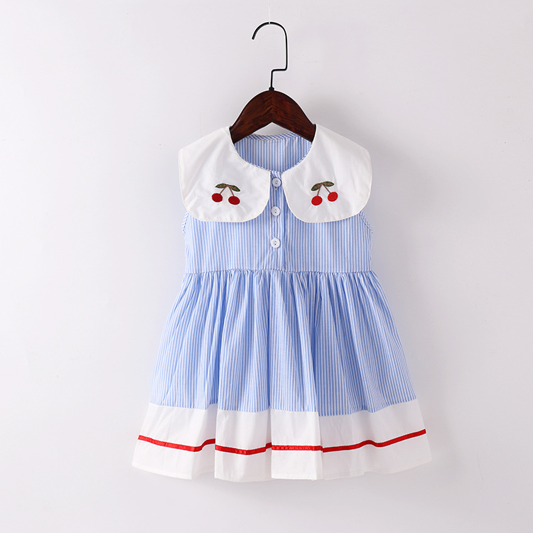 2024 New Girls' Lapel Striped dress Sleeveless Vessel Skirt Girls Korean Style Refreshing Summer Skirt