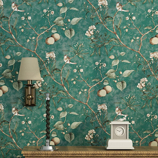 American country wallpaper pastoral style retro nostalgic living room bedroom dark green flowers and birds TV background wall wallpaper