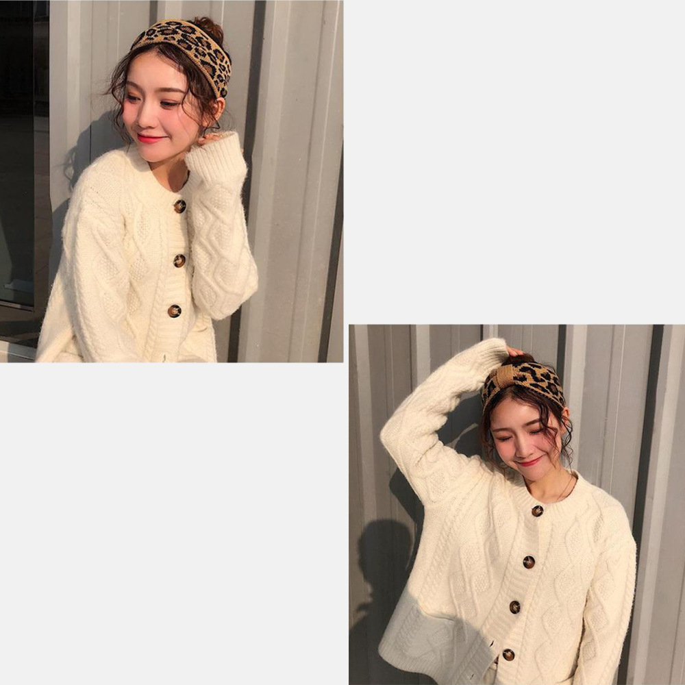 Leopard knitted wool hair band vintage European and American elastic parent-child headband South Korea warm knotted wide-brimmed cross hair accessories