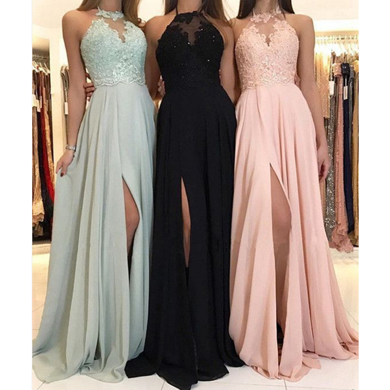 2020 Summer New European and American Amazon Hanging Neck Lace Chiffon Dress Ball Evening Dress Split Long Dress New