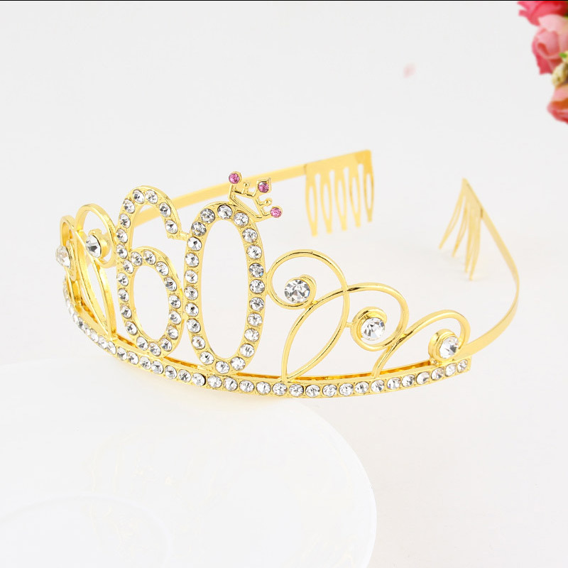 New Birthday Crown European and American 60 Digital Birthday Headband Bridal Banquet Rhinestone Hair Accessories Alloy Headband Women