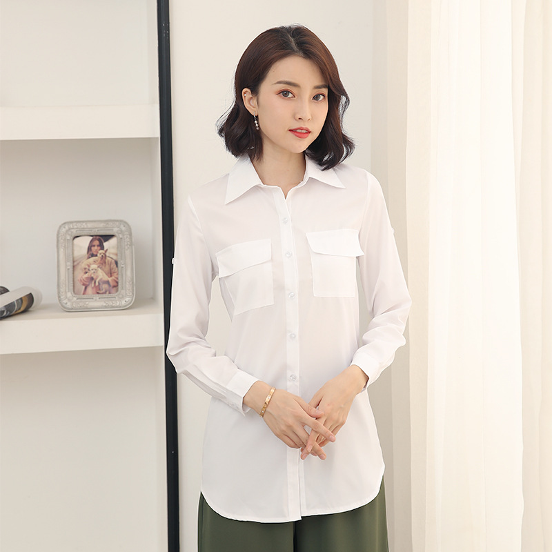 White long sleeve shirt Women's European and American style double pocket fashion personality mid-length loose shirt Korean style artistic solid color