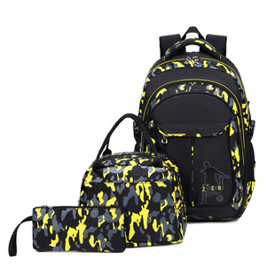 2025 New Three-piece Lunch Bag Sports Men's Bag Contrast Color Schoolbag Camouflage Printed Backpack Women's Cross-border Foreign Trade