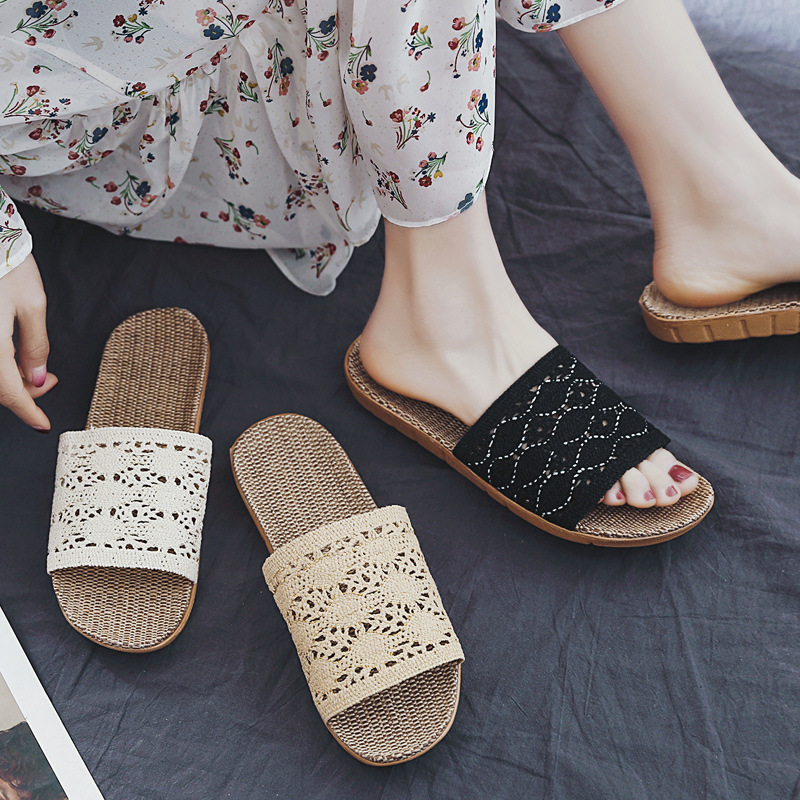 Lace Linen Slippers Women's Summer Woven Home Indoor Handmade Home Shoes Non-Slip Wooden Floor Sandals