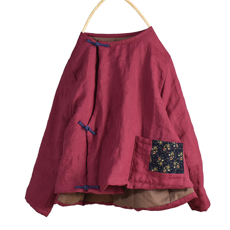 Liangchen/cotton ramie hand-made buckle cotton-padded jacket original retro biased cotton-padded jacket ultra short loose pure linen coat winter