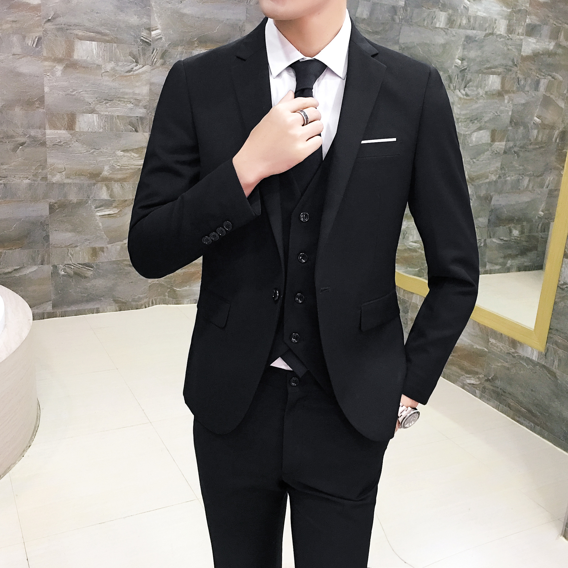 Suit Set Men's Three-Piece Set Korean Slim-Fit Small Suit Professional Formal Dress Best Man Clothing Groom Wedding Dress